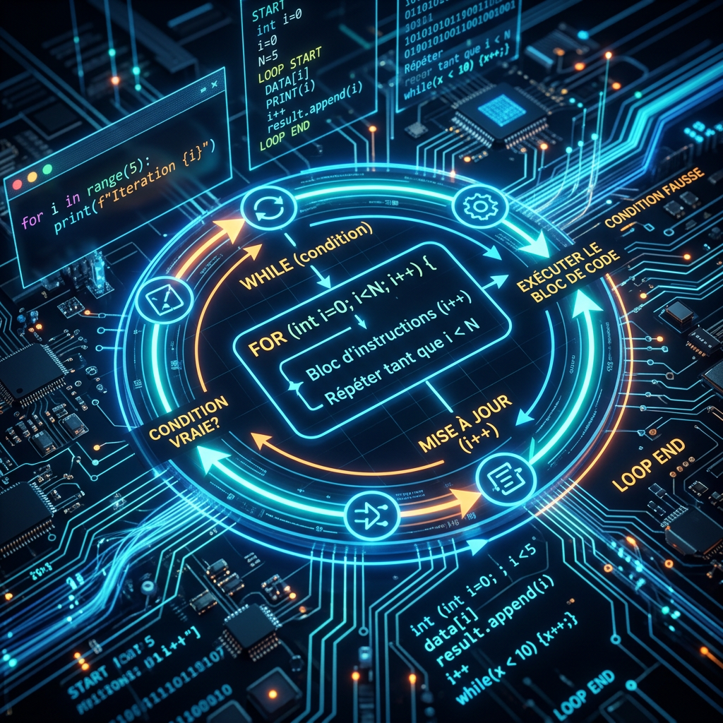 Futuristic circuit board diagram showing for and while programming loops